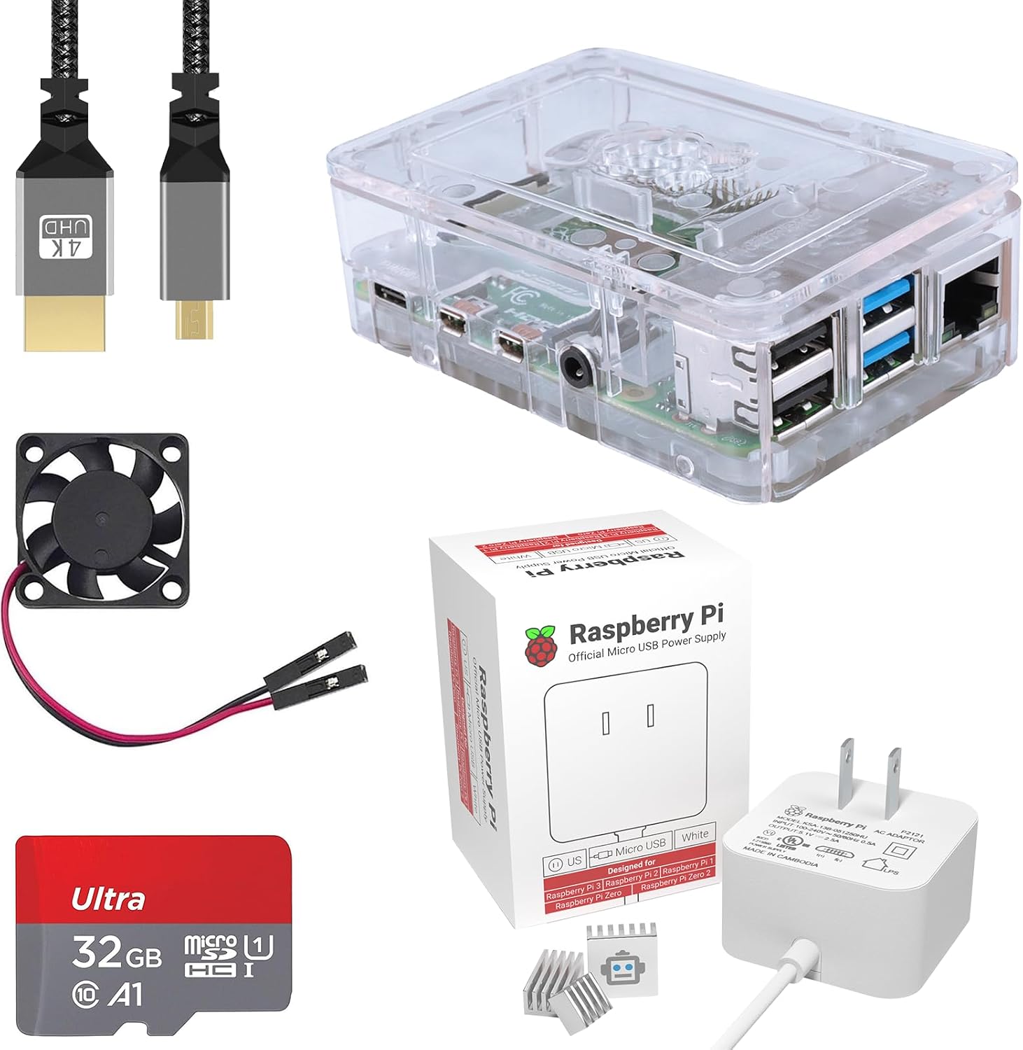 Raspberry Pi 4B Essentials Kit: Power Supply, 32GB Card, Case, HDMI