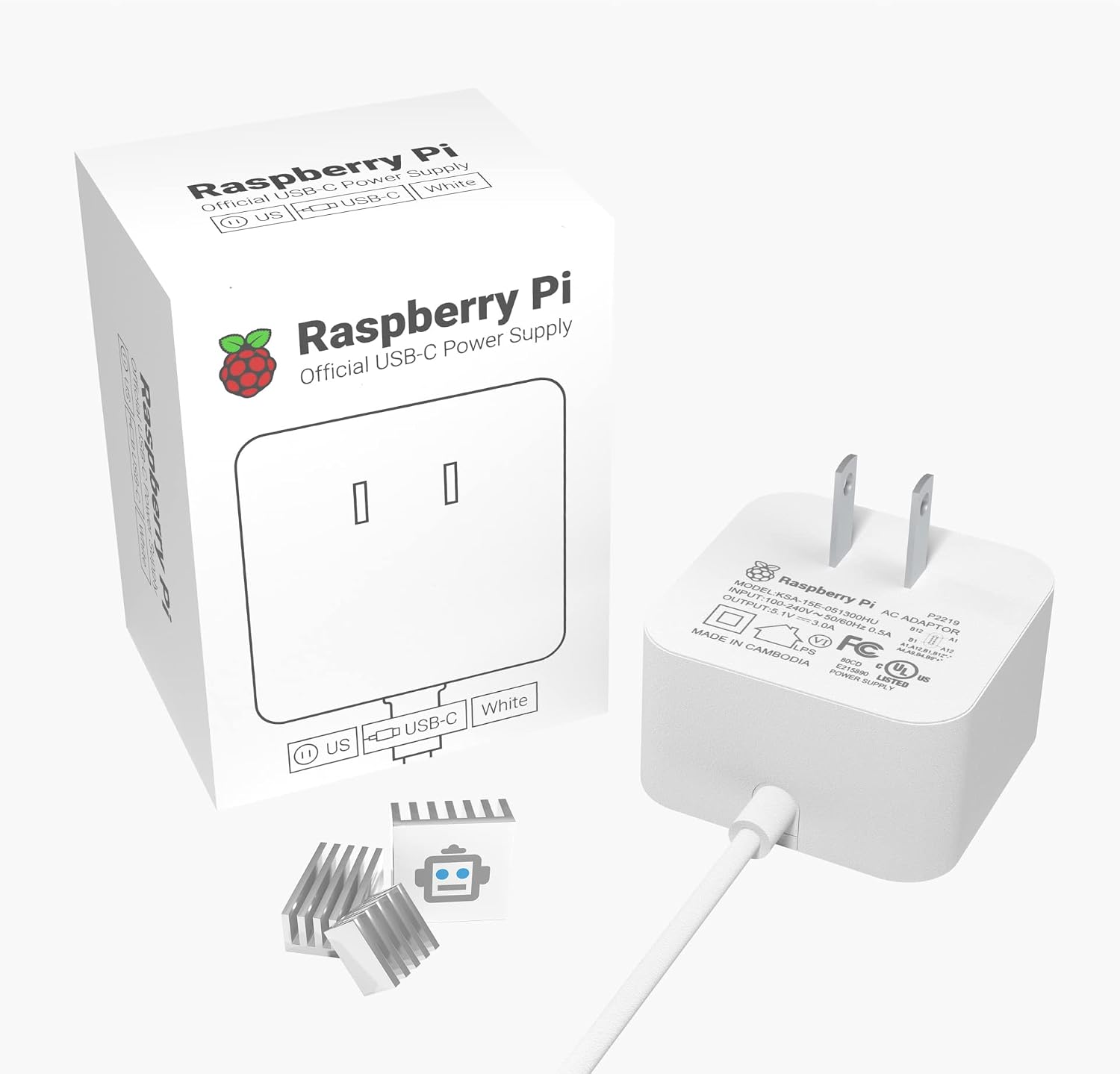 Official Raspberry Pi 4B Power Supply + 3 Heatsinks, White