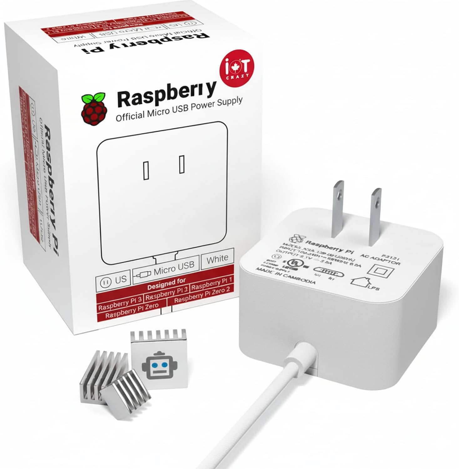 Raspberry Pi Micro-USB Power Supply 5.1V 2.5A + Heatsinks