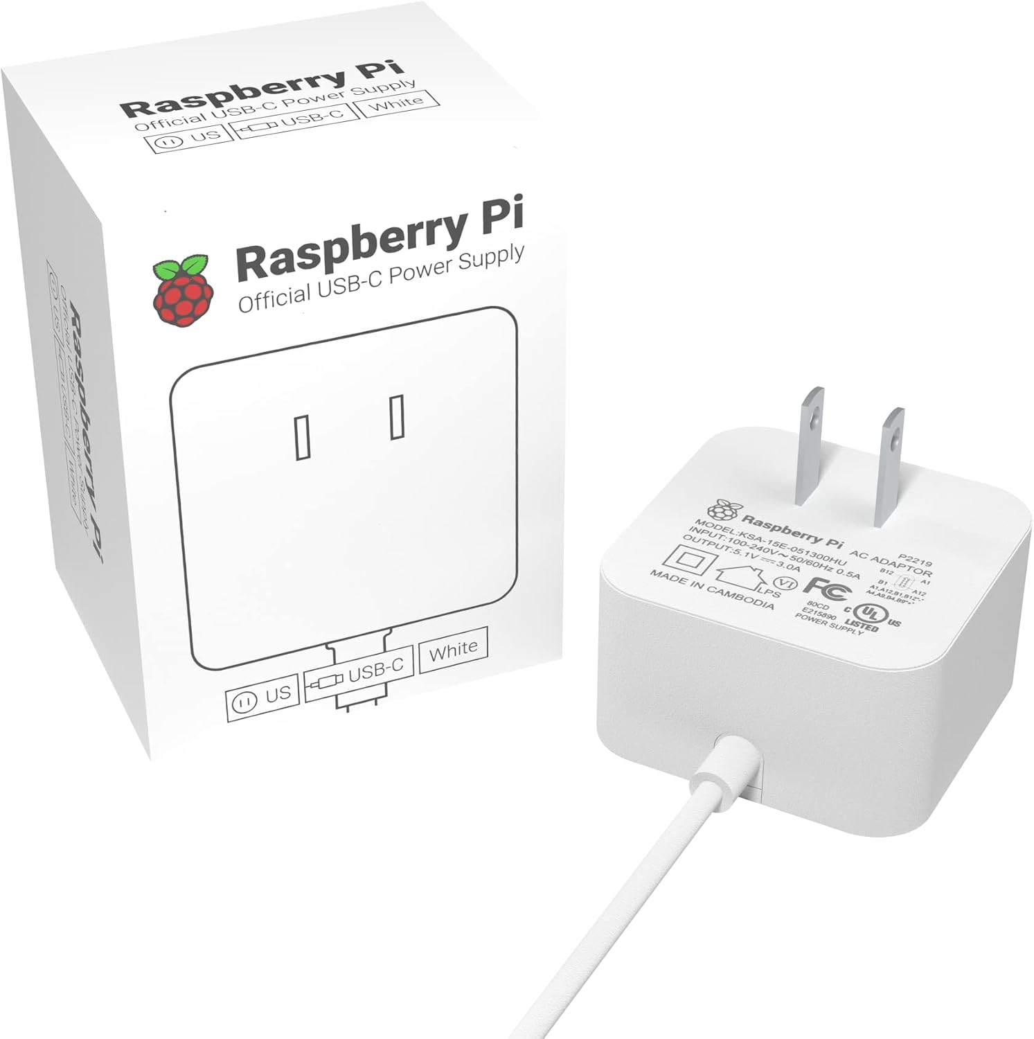 Official Raspberry Pi 4B USB-C Power Supply 5.1V 3A, White