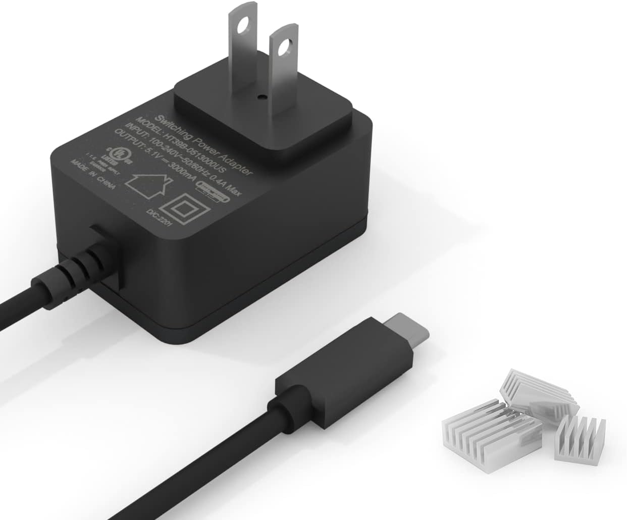 Raspberry Pi 4B USB-C Power Supply + 3 Heatsinks, UL Listed