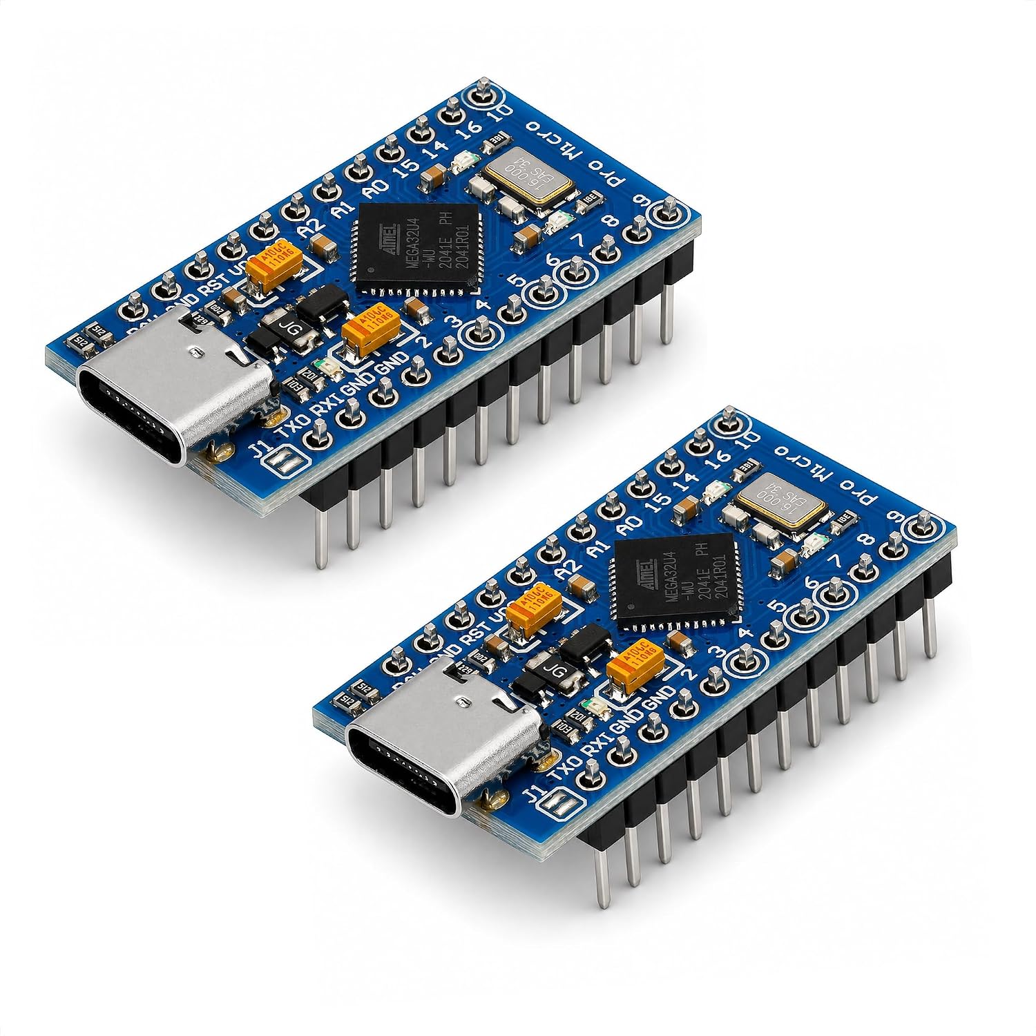 Pro Micro ATmega32U4 Board, Leonardo Bootloader, USB-C (2-Pack)