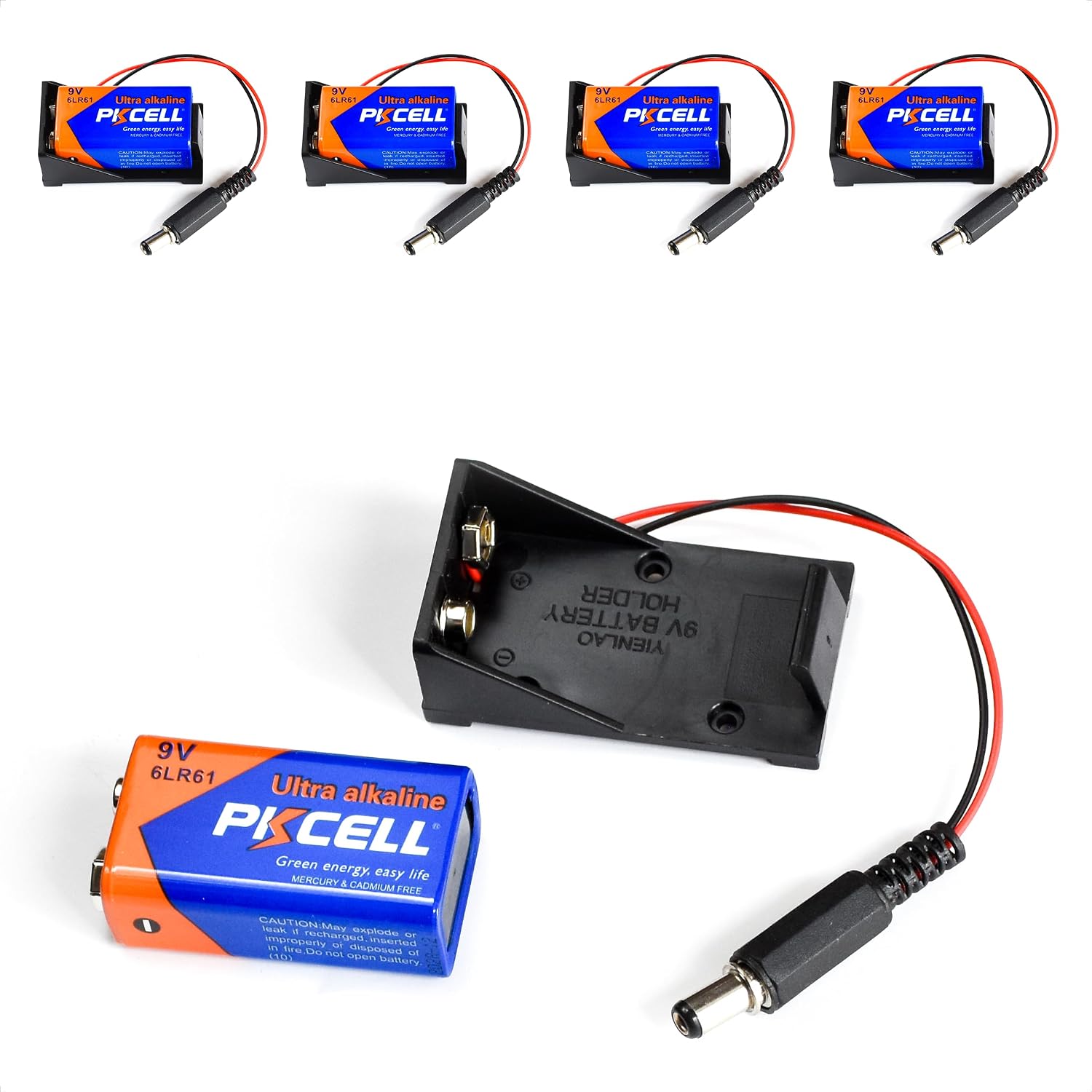 9V Battery Holder with Battery and DC Plug (5-Pack)
